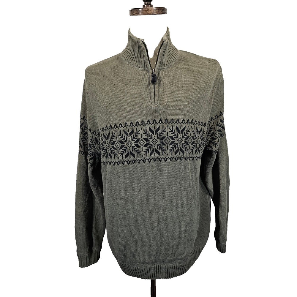 Eddie Bauer Mens Large Long Sleeved Green 1/4 Zip Patterned Outdoors Sweater